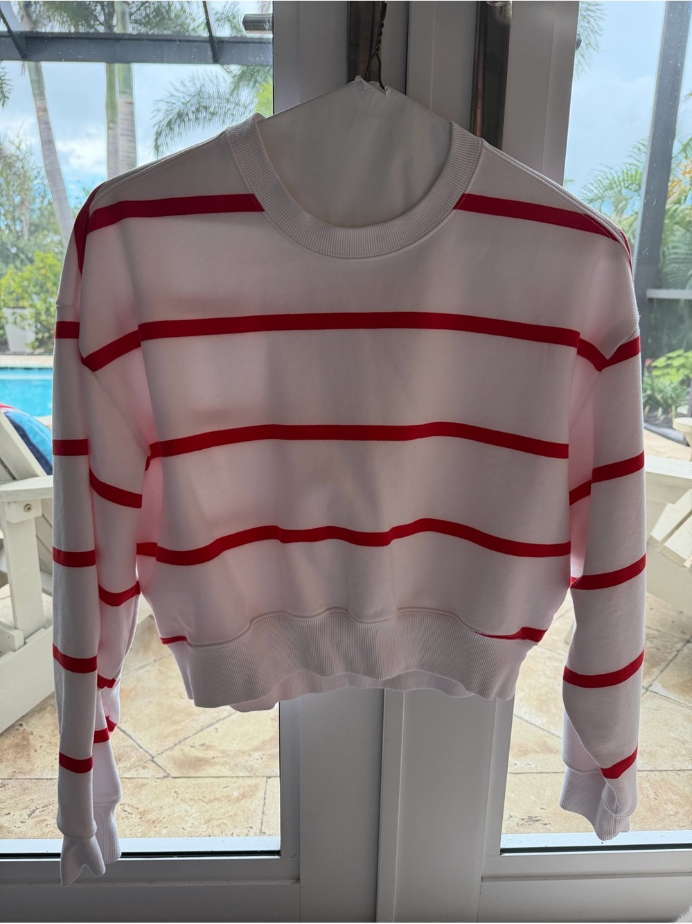 Athleta White Crewneck Sweatshirt with Red Stripes